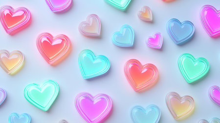 A collection of heart symbols in neon colors scattered on a pale white background.の素材