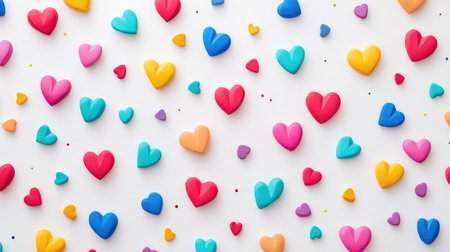 A cute polka-dot pattern with heart shapes, filling the frame with vibrant colors on a white background.の素材