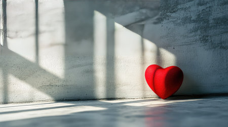 A single red heart surrounded by soft shadows, resting on a plain white background.の素材