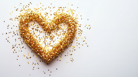 A heart symbol created with golden glitter sparkles, glowing on a creamy white background.の素材