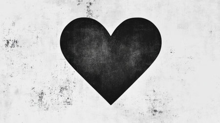 A minimalist black heart drawn on a chalky white background, expressing simplicity and elegance.の素材