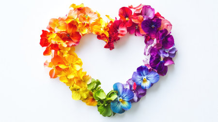 A vibrant heart symbol made of colorful flower petals, set against a pure white background.の素材