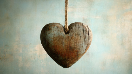A rustic wooden heart hanging by a string against a faded light blue backdrop.の素材