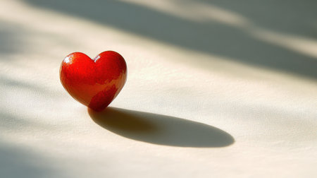 A single red heart surrounded by soft shadows, resting on a plain white background.の素材