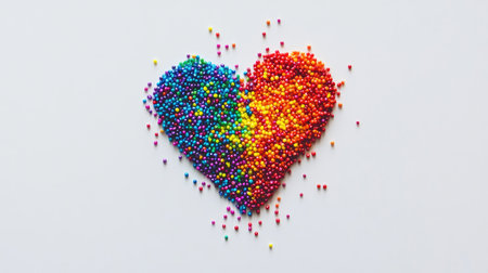A heart symbol created using tiny colorful beads, arranged on a simple white surface.の素材