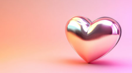 A shiny metallic heart placed on a soft gradient background transitioning from pink to peach.の素材