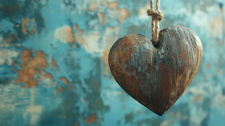 A rustic wooden heart hanging by a string against a faded light blue backdrop.の素材