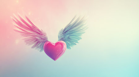 A whimsical illustration of a flying heart with angel wings on a soft gradient background.の素材