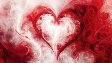 Abstract red and white swirls forming a heart pattern with copy space in the center.の素材