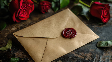 Classic love letter scene with a sealed envelope, wax seal, and roses on a rustic backgroundの素材