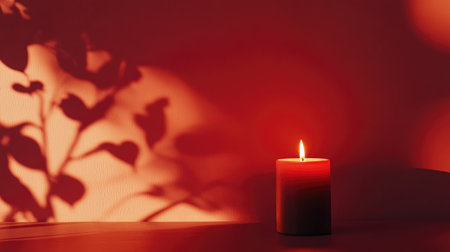 Candlelit ambiance with heart shadows cast on a deep red background, perfect for textの素材