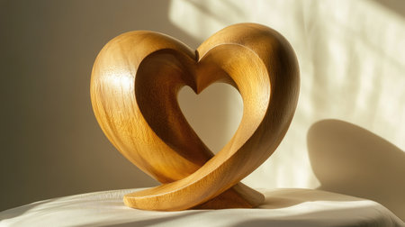 A wooden heart carving placed delicately on a smooth ivory background with soft lighting.の素材