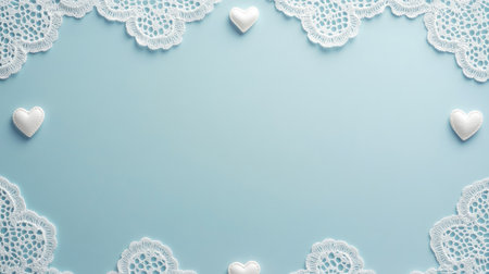 Delicate lace border on a pastel background with subtle heart patterns and blank spaceの素材