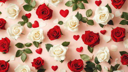 Flat lay of scattered red and white roses with hearts on a pale pink background, copy space includedの素材