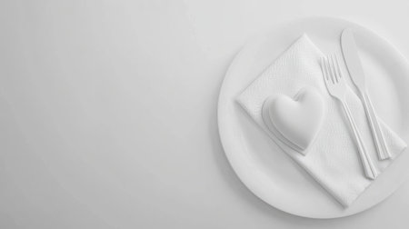 Minimalist white table setting with heart-shaped napkins and cutlery, leaving room for textの素材