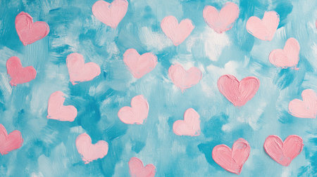Multiple heart shapes in varying shades of pink, scattered playfully on a pastel blue background.の素材