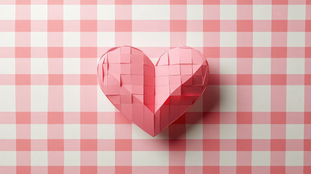 Pink and white checkered background with a 3D paper cut heart, perfect for Valentinea messagesの素材