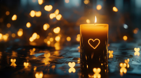 Romantic candlelit setup with soft bokeh and heart-shaped fairy lights for elegant copy spaceの素材
