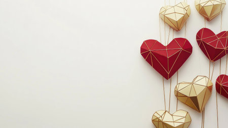 Minimal red and gold geometric hearts on a white background with copy space for designの素材