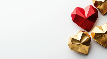Minimal red and gold geometric hearts on a white background with copy space for designの素材