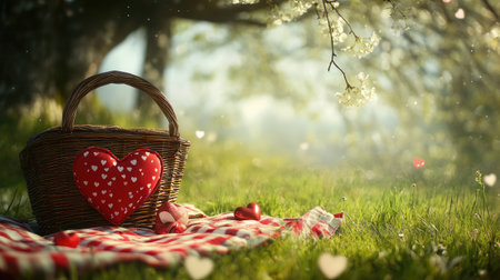 Romantic picnic setting with a heart-shaped picnic basket and room for Valentine textの素材