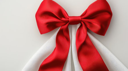 Red ribbon bow tied into a heart shape on a white background, perfect for Valentineas textの素材