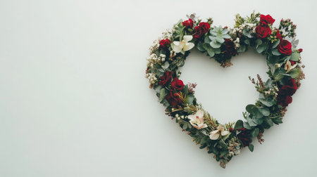 Romantic floral arrangement in a heart shape on a white background with copy spaceの素材