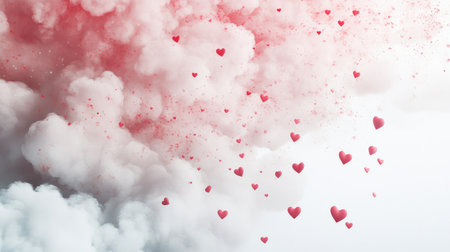 White fluffy cloud texture with pink and red hearts scattered for a dreamy Valentineas copy space designの素材