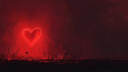 Romantic dark red gradient with a single glowing heart in the corner and plenty of negative spaceの素材