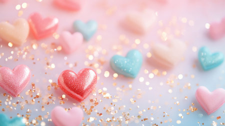 Soft pastel gradient with 3D floating hearts and scattered glitter for romantic text placementの素材