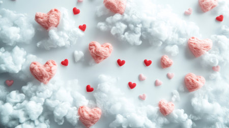White fluffy cloud texture with pink and red hearts scattered for a dreamy Valentineas copy space designの素材
