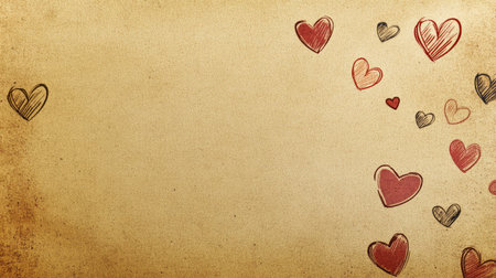 Rustic kraft paper background with hand-drawn hearts and romantic copy space for Valentineas messagesの素材