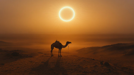 Camel shadow cast under the brilliance of a large sun halo, illuminating the vast expanse of a desert landscapeの素材