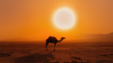 Camel shadow cast under the brilliance of a large sun halo, illuminating the vast expanse of a desert landscapeの素材