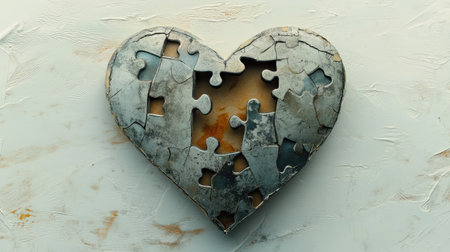 This artwork features a heart shape crafted from rusty puzzle pieces, symbolizing the complexity of love and relationships, evoking feelings of nostalgia and connection.の素材