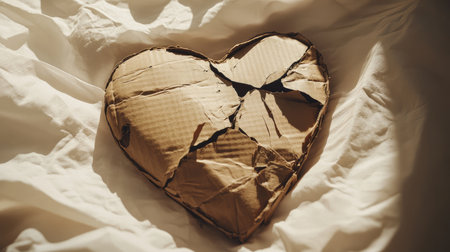 This image captures a broken heart-shaped cardboard piece resting on soft fabric, evoking feelings of heartbreak and emotional vulnerability in a poignant visual metaphor.の素材