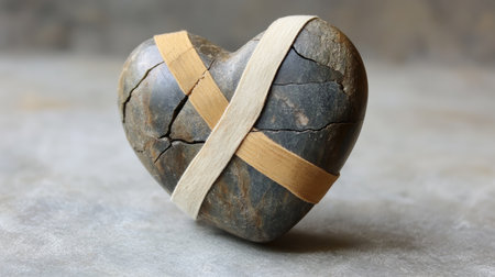 A heart-shaped stone displaying cracks and secured with rubber bands, representing healing and resilience in a soft, textured background. Perfect for themes of love and emotional repair.の素材