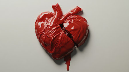 This stunning rendering depicts a deep red anatomical heart with a visible cut and blood drip, evoking strong emotions of love and pain. A unique visual metaphor for complex feelings.の素材