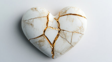 This striking heart sculpture showcases cracks with golden veins, representing beauty in imperfection, perfect for modern decor and emotional expression in art.の素材