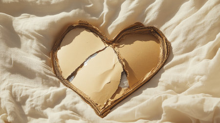 A broken heart-shaped cardboard cutout rests on a soft fabric background, symbolizing unresolved emotions, loss, and the fragility of relationships, evoking feelings of sadness and reflection.の素材