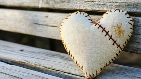 This charming handcrafted heart pillow, made from soft fabric and detailed with stitching, rests on a rustic wooden bench, capturing the essence of love and comfort in a natural setting.の素材