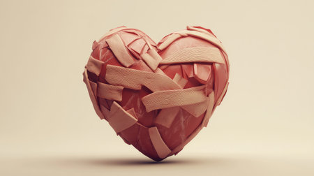 This image features a heart-shaped object covered with bandages, symbolizing healing and love. The soft tones and minimalistic background evoke a sense of compassion and recovery.の素材