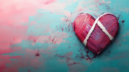 This artistic portrayal features a broken heart against a vibrant blue and pink backdrop, conveying deep emotions related to love, heartbreak, and artistic expression.の素材