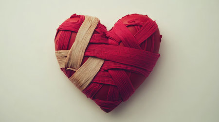 A beautifully crafted heart made from intertwined red and beige threads, perfect for expressing love and creativity in artistic and romantic contexts.の素材