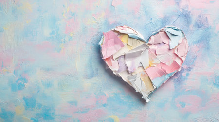 A vibrant handmade heart collage crafted from colorful paper shreds against a softly textured pastel background, perfect for projects celebrating love and creativity.の素材