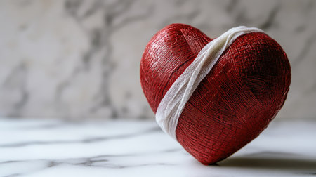A stunning red heart wrapped in a delicate white cloth rests on a marble surface, representing love and healing. The minimalist setting enhances its emotional appeal and artistic charm.の素材