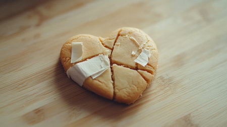 A charming heart-shaped cookie with butter and gentle cuts laid on a wooden surface, perfect for conveying warmth, affection, and sweet moments in culinary settings.の素材