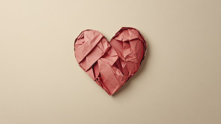 This image showcases a heart shape crafted from crumpled paper, emphasizing the themes of love and creativity, set against a minimalist beige background.の素材
