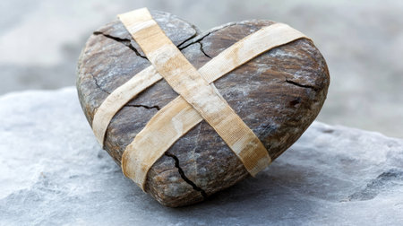 A heart-shaped stone wrapped in bandages sits on a smooth surface, symbolizing healing and resilience. This artistic piece embodies love, care, and emotional strength.の素材