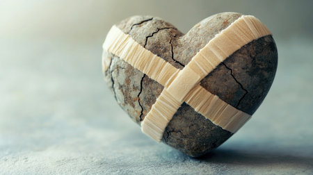 A cracked stone heart adorned with a bandage signifies emotional healing and resilience, perfect for themes of love, recovery, and personal growth in creative projects.の素材